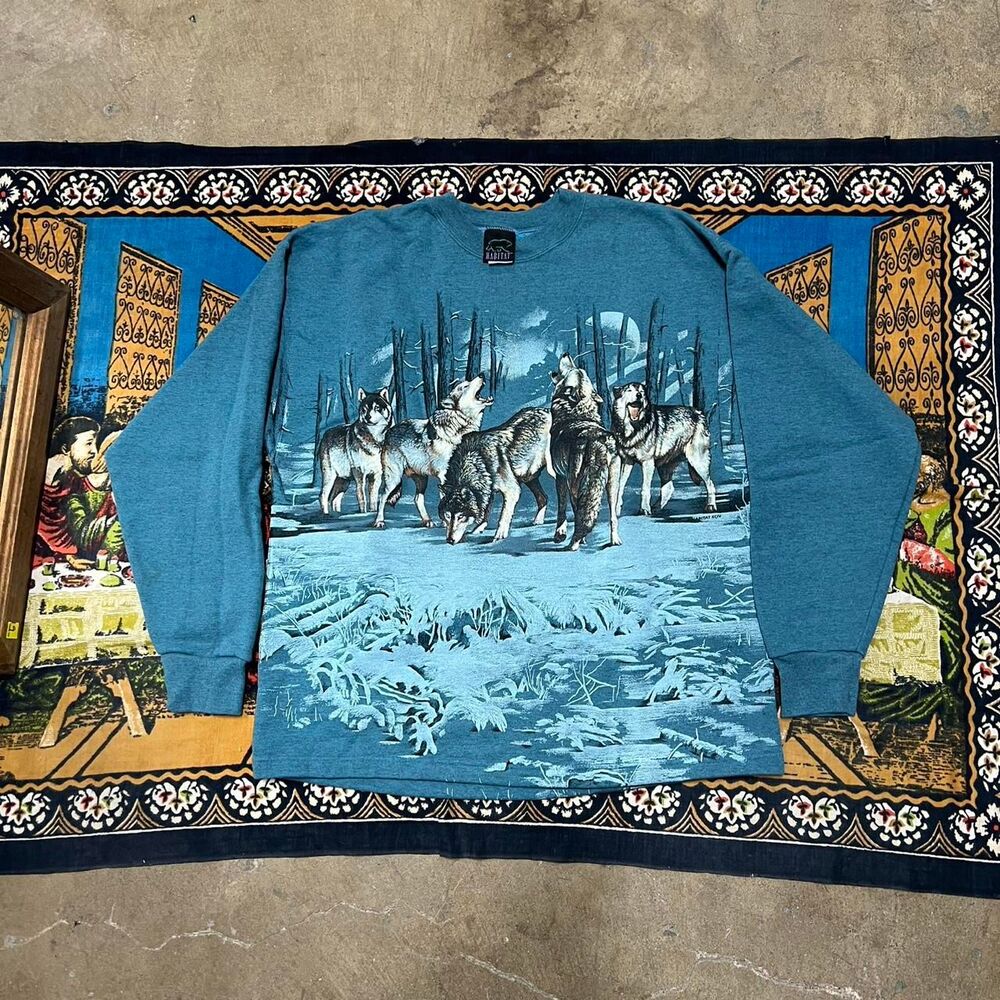 Vintage habitat wolf aop sweatshirt Size xl made in USA blue sweater nature y2k